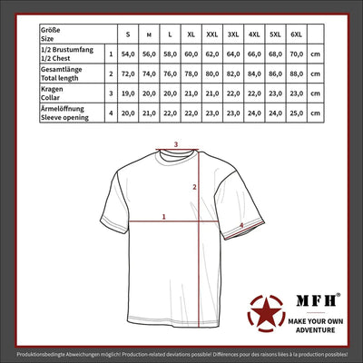 Größentabelle und Diagramm für ein MFH® US-T-Shirt mit angegebenen Maßpunkten.