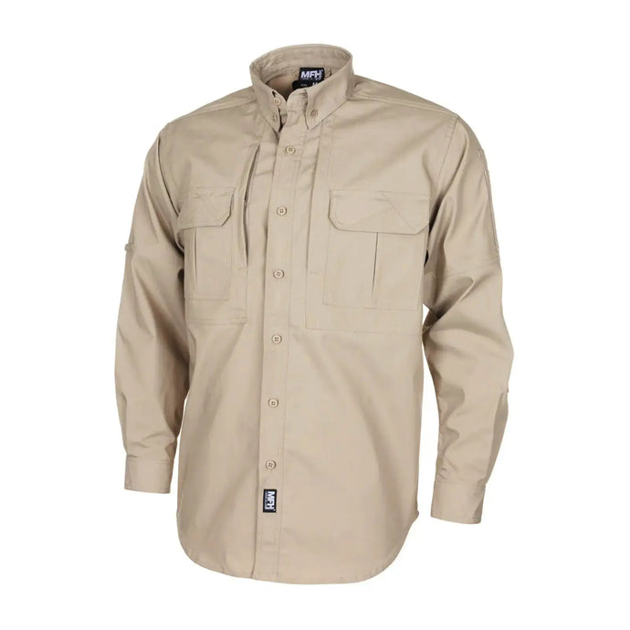 MFH® Hemd „Attack“ taktisches Langarmhemd, geknöpftes Hemd mit zwei Brusttaschen auf weißem Hintergrund.