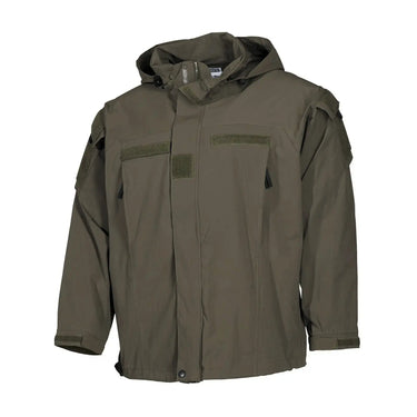 MFH® Olivgrüne, wasserdichte taktische Jacke mit Kapuze und mehreren Taschen.