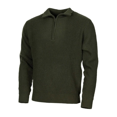 Olivgrün gestrickter MFH® Pullover „Troyer“ mit Kragen und teilweisem Reißverschluss.