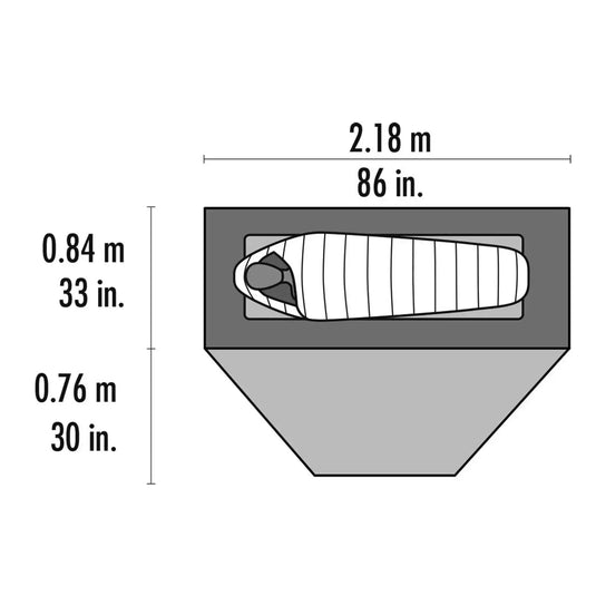 Schematische Darstellung eines MSR® Elixir™ 1 „V1“-Schlafsacks für Solo-Abenteuer mit den Abmessungen: Länge 2,18 Meter (86 Zoll), Breite an der Schulter 0,84 Meter (33 Zoll) und Breite bei