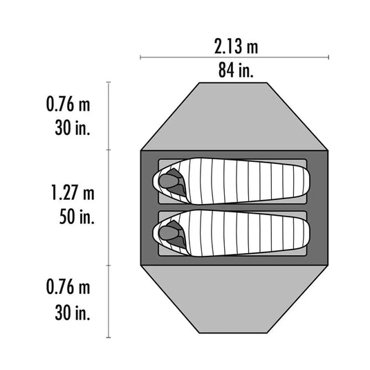 Technische Zeichnung des MSR® Elixir™ 2 „V2“, einer 2-Personen-Backpacking-Zelt-Schlafkapsel mit Abmessungen in Metern und Zoll.