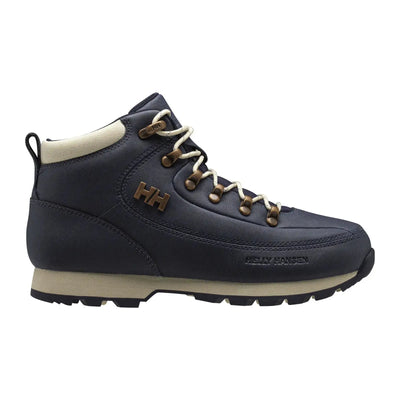 Ein einzelner marineblauer Helly Hansen® Women's Forester Winterstiefel mit Schnürsenkeln und einem Logo an der Seite.