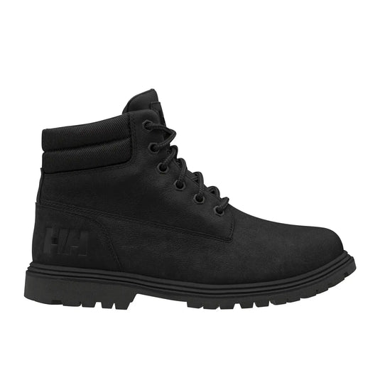 Schwarzer Schnürstiefel mit „Helly Hansen® Men's Fremont Waterproof Boots“-Logo an der Seite.