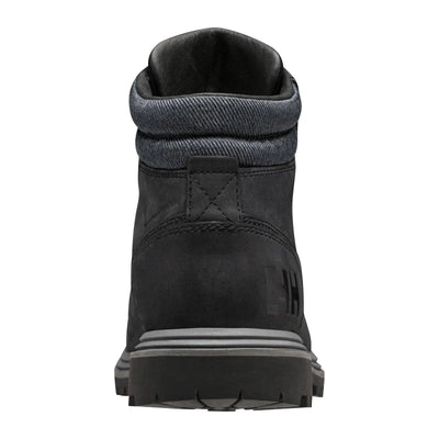 Rückansicht einer schwarzen Lederstiefelette mit Helly Hansen® Women's Fremont Leather Boots-Logodetail.