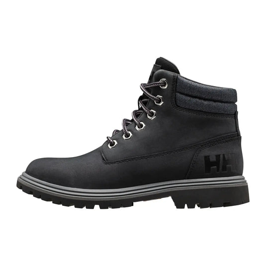 Schwarze Leder-Schnürstiefelette von Helly Hansen® Fremont-Lederstiefel für Damen auf weißem Hintergrund.