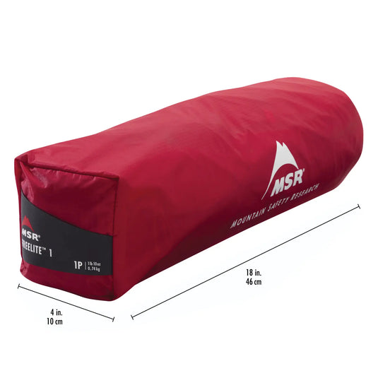 Rotes zylindrisches Campingkissen mit weißem MSR® FreeLite™-Logo, Produktabmessungen angezeigt, inklusive MSR® FreeLite™ 1 „V2“, Ultraleichtes 1-Personen-Backpacking-Zelt.