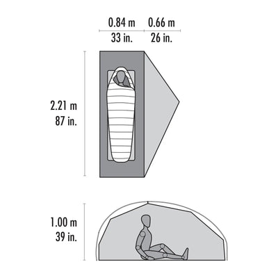 Technische Abbildung, die die Abmessungen eines MSR® FreeLite™ 1 „V2“ Ultraleichtes 1-Personen-Backpacking-Zelt und Schlafsacks zeigt, mit einer schematischen Darstellung einer Person im Inneren als Maßstab.