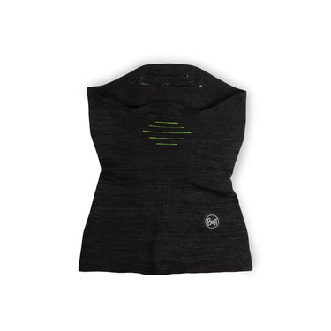 Satz mit Produkt- und Markennamenersatz: Schwarzer Buff® DryFlx® Pro Schlauchschal-Halstuch mit grünem Liniendesign und Logo auf weißem Hintergrund.