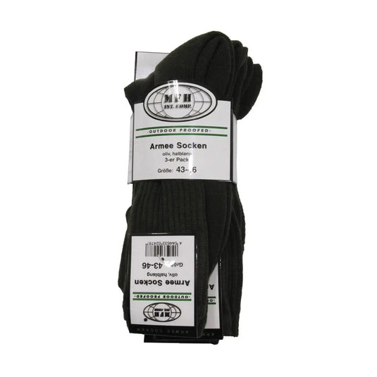 Paar schwarze Outdoor MFH® Army Socken, halblang, 3er Pack mit Etikett und Verpackung.