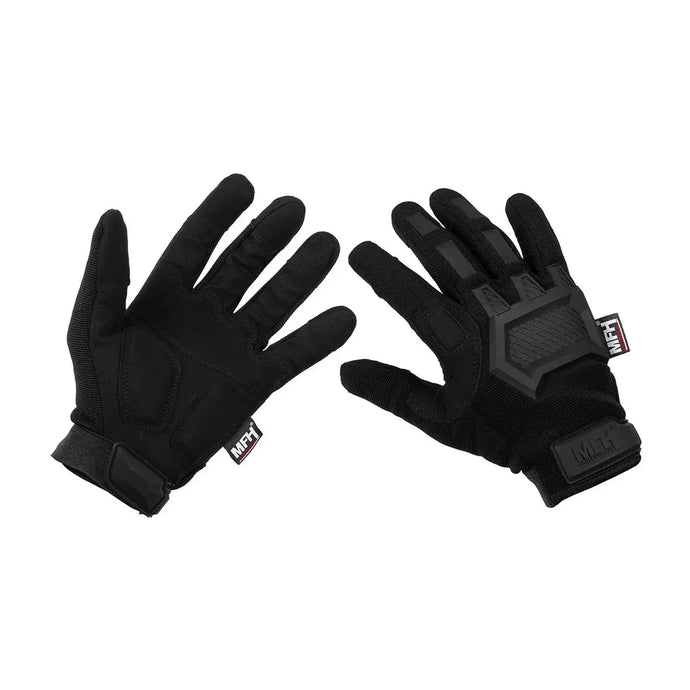 Ein Paar MFH® Tactical Handschuhe „Action“ vor weißem Hintergrund, perfekt für Outdoor-Abenteuern.