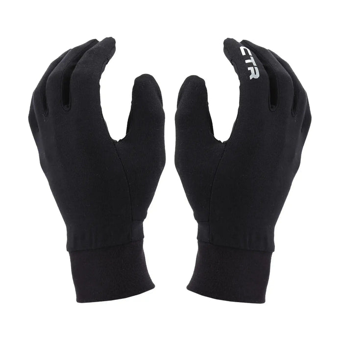 Ein Paar schwarze drirelease® CTR Adrenaline Glove Liner mit dem Text „ctr“ auf dem rechten Zeigefinger.