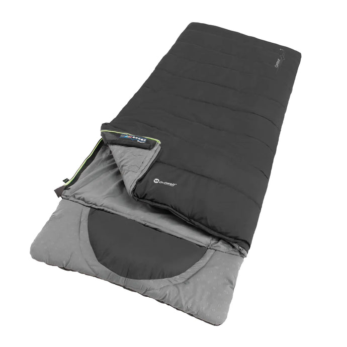 Ein schwarz-grauer rechteckiger Outwell® Schlafsack Contour-Schlafsack mit offenem Reißverschluss und teilweise geöffnetem Kissenfach oben.