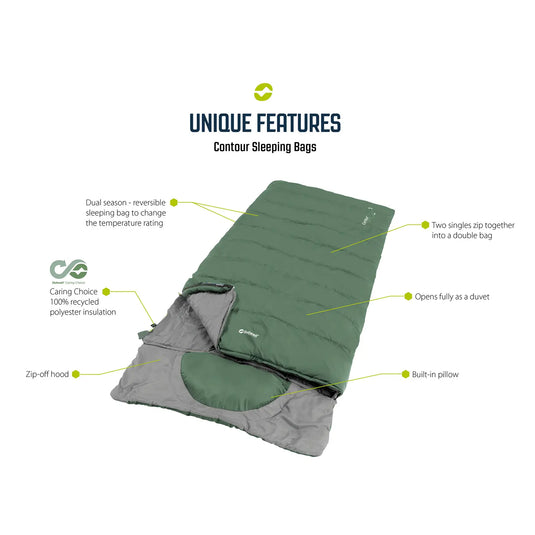 Outwell® Schlafsack Contour mit integriertem Kissen, Wendedesign und abzippbarer Kapuze, hergestellt aus 100 % recyceltem Polyester-Isolierung.