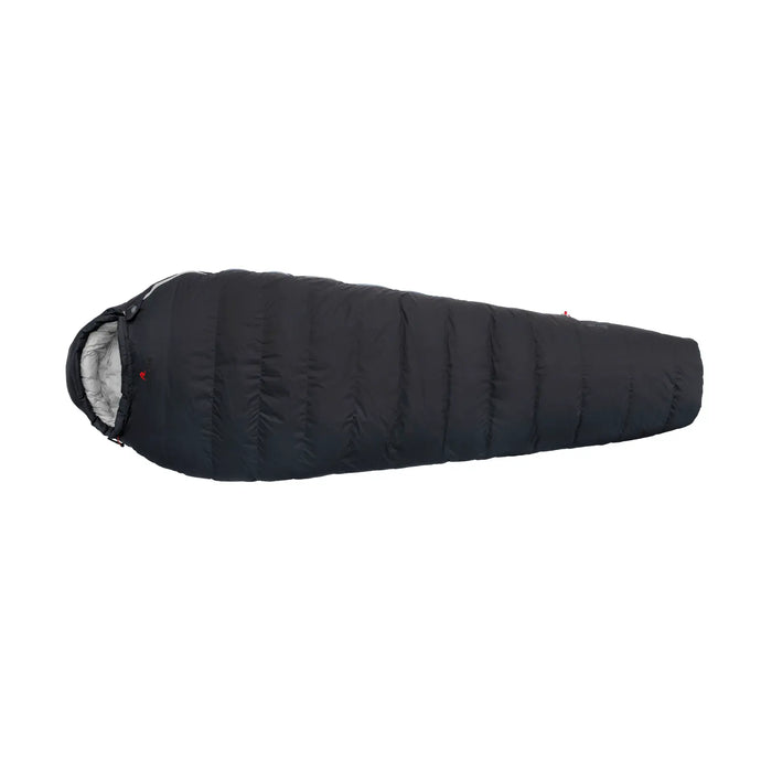 Ein schwarzer Robens® Schlafsack Serac 600 -14°C Mumienschlafsack isoliert auf weißem Hintergrund.