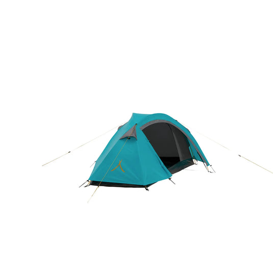 Ein blaues Campingzelt mit geöffneter Tür, entworfen als Grand Canyon® Apex 1 (Kuppelzelt), isoliert auf weißem Hintergrund.