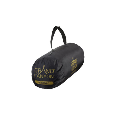 Ein zusammengerollter Grand Canyon® Cordova 1 (Kuppelzelt) Schlafsack in einem schwarzen Packsack.