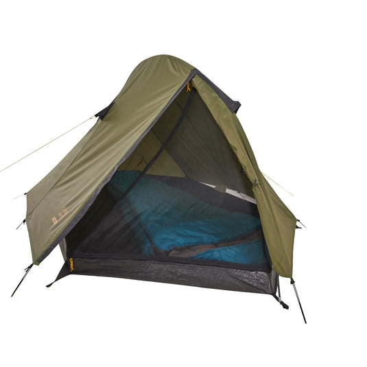 Grüner Grand Canyon® Cordova 1 mit offener Tür und blauem Schlafsack darin.