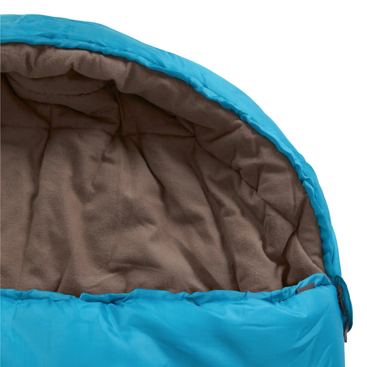 Nahaufnahme eines leeren blauen Grand Canyon® Utah 205 - Schlafsacks mit brauner Innenseite.