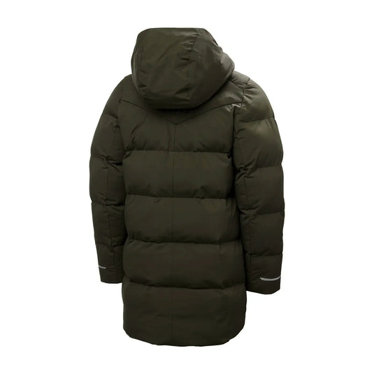 Olivgrüner Adore Puffy Parka von Helly Hansen® Juniors vor weißem Hintergrund.