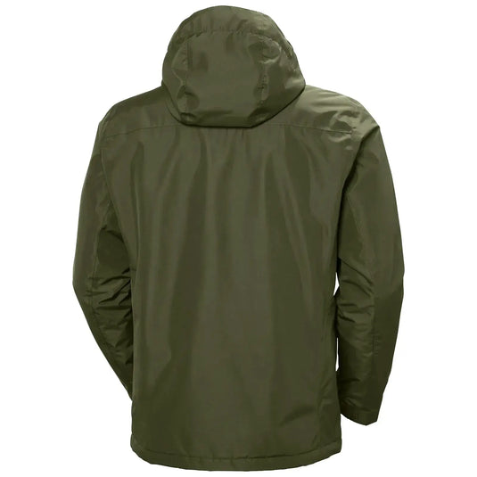 Helly Hansen® Dubliner Insulated Waterproof Jacket für Herren in Olivgrün mit einer auf der Rückseite sichtbaren Kapuze.