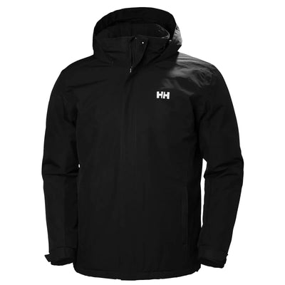 Schwarze Helly Hansen® Dubliner Insulated Waterproof Jacket für Herren mit Kapuze und weißem Logo auf der Brust.