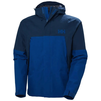 Blaue und marineblaue Helly Hansen Outdoor-Jacke mit Kapuze, Markenlogo auf der Brust und wasserdichtem Helly Hansen® Banff Shell Jacket-Design für Herren.