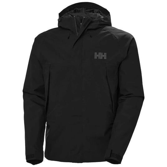 Schwarze, wasserdichte Helly Hansen® Banff Shell-Jacke für Herren mit Kapuze und Helly Hansen-Markenlogo auf der Brust.