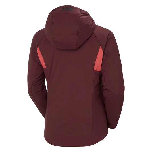 Eine kastanienbraune technische Winterjacke für Damen von Helly Hansen® Odin Stretch Hood Insulator 2.0 mit Kapuze und kontrastierenden orangefarbenen Details sowie PrimaLoft Gold Active-Isolierung.