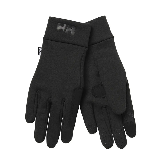 Ein Paar schwarzer Helly Hansen® HH Fleece Touch Handschuh-Innenhandschuh mit einem Logo auf der Handschlaufe.