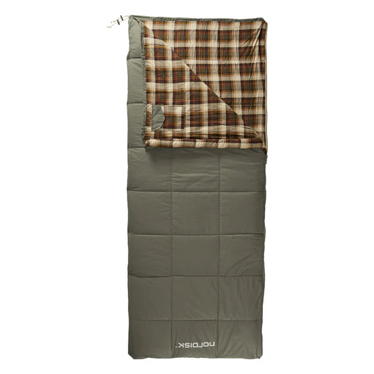 Ein Nordisk® Almond +10° Schlafsack, gefüttert mit Bio-Baumwolle, grau und ausgebreitet.