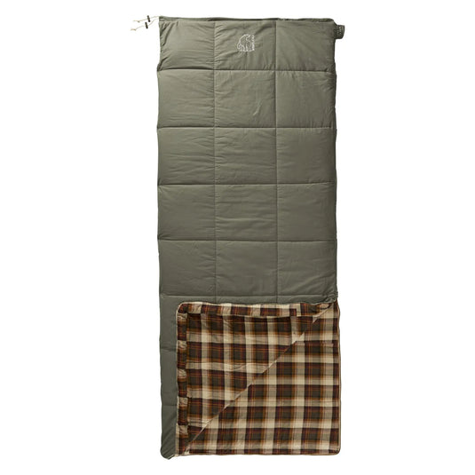 Grüner rechteckiger Nordisk® Almond +10° Schlafsack mit teilweise sichtbarem kariertem Futter, aufgerollt und flach liegend.