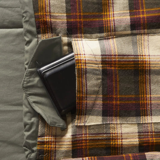 Ein Smartphone, das aus der Tasche schaut, auf einem Nordisk® Almond +10°: Klassischer und gemütlicher Sommerschlafsack.