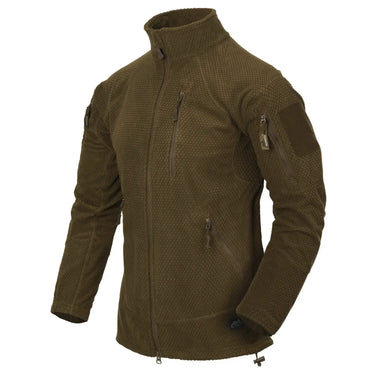 Olivgrüne Helikon-Tex® Alpha Taktische Jacke – Grid-Fleece mit mehreren Reißverschlusstaschen und verstärkten Ellenbogen-Patches.