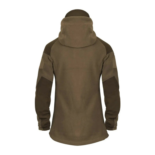 Rückansicht einer leeren olivgrünen Helikon-Tex® Womens Cumulus Jacke mit Kapuze.