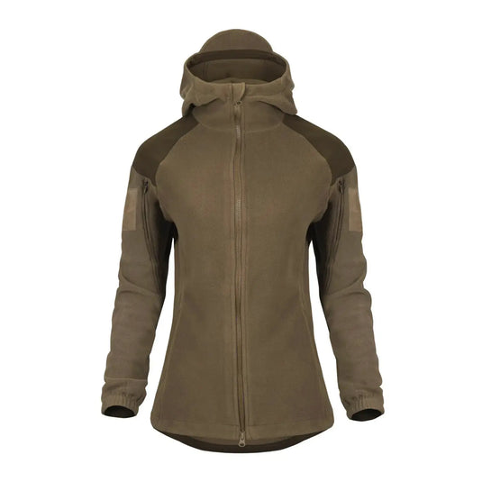 Olivgrüne Helikon-Tex® Cumulus-Jacke für Damen – schweres Fleece mit Kapuze und Ärmeltaschen, vor einem schlichten Hintergrund dargestellt.