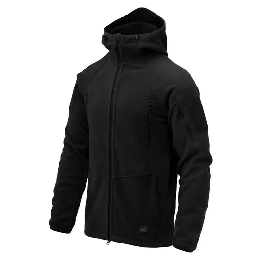 Ersetzen durch: „Schwarze Helikon-Tex® Patriot Jacke Mk 2 mit Kapuze und mehreren Taschen, hergestellt aus Hybrid-Fleece-Material.“