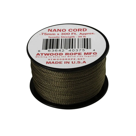 Eine Spule Atwood Rope MFG™ Nano Cord / Paracord (91 Meter) in Schwarz, perfekt für Outdoor-Liebhaber, mit Spezifikationen und Barcode-Etikett.