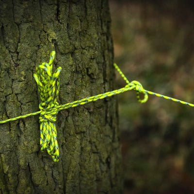 Ein grün-gelbes Atwood Rope MFG™ Paracord 550 (30 Meter), das um einen Baumstamm gebunden ist.