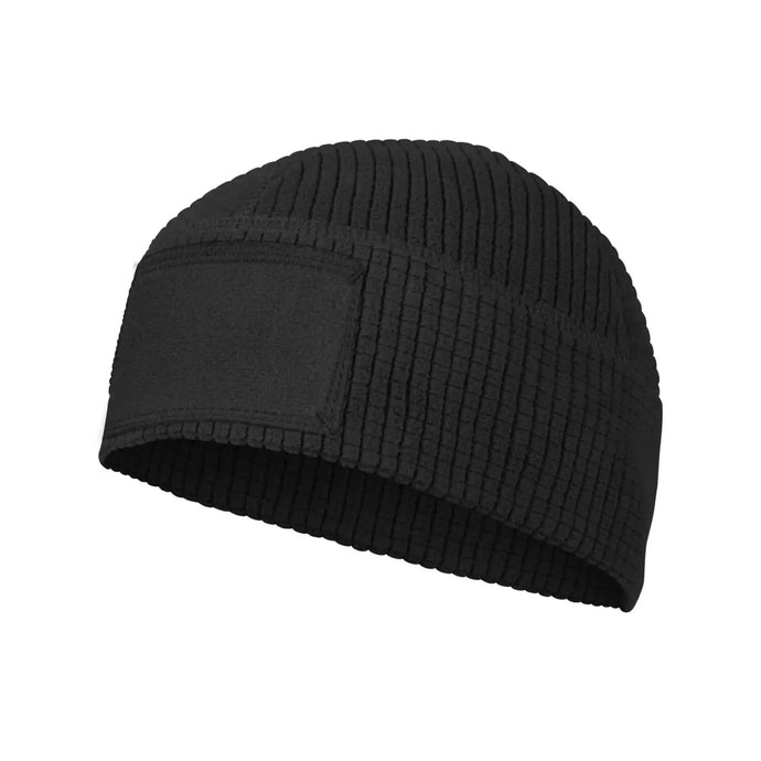 Schwarze, gerippte Beanie-Mütze aus der Helikon-Tex® Range auf weißem Hintergrund.