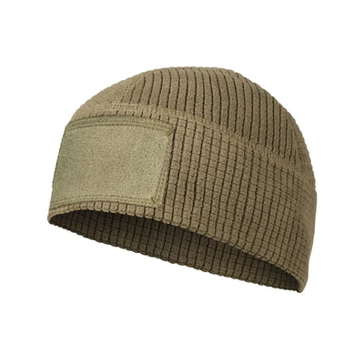 Olivgrüne Beanie-Mütze aus der Helikon-Tex®-Reihe – Grid-Fleece mit Klettverschluss auf der Vorderseite.