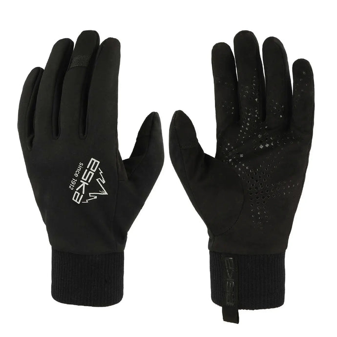 Ein Paar schwarze Thermohandschuhe mit griffiger Textur an den Handflächen und Fingern, entworfen als ESKA® TOURING GRIP – Dein unverzichtbarer Skitourenhandschuh von ESKA®.