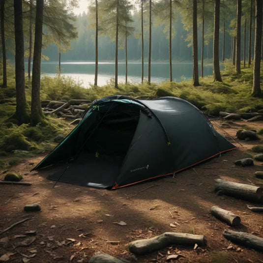 Ein HIGHLANDER® Blackthorn 2-Personen-Zelt, aufgebaut in einem ruhigen Wald in der Nähe eines Sees.