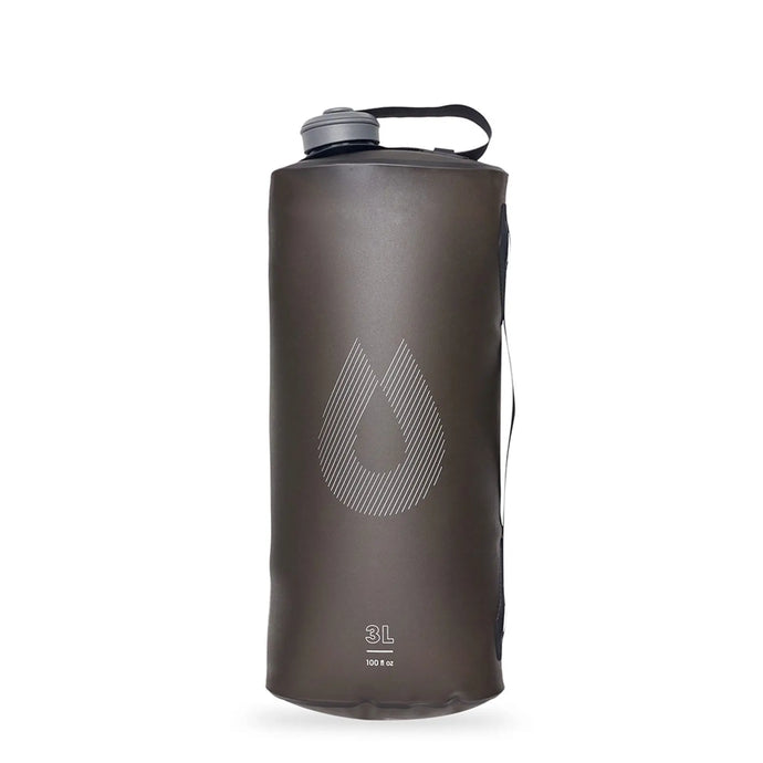 Eine schwarze 3-Liter-HydraPak® Seeker™ Wasserflasche mit Tragegriff und weißem Logo-Design.