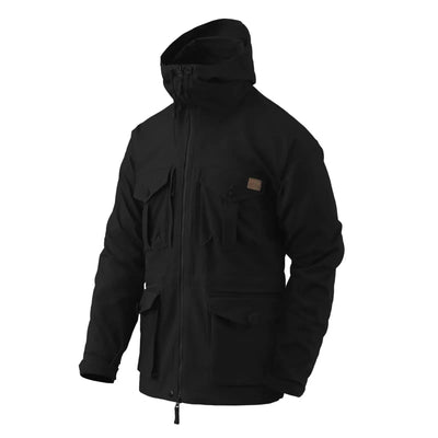 Schwarze Helikon-Tex® SAS Smock-Jacke mit Kapuze und mehreren Taschen.