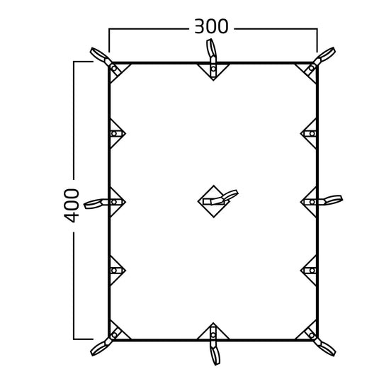 Technisches Diagramm eines rechteckigen Objekts, Nordisk® Kari 12 Tarp, mit den Abmessungen 300 x 400 Einheiten, mit mehreren Halterungen und einem zentralen Emblem.