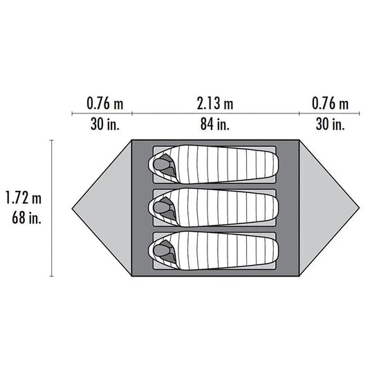 Diagramm des MSR® Mutha Hubba™ NX V2, 3-Personen-Backpacking-Zelt, das die Innenaufteilung mit drei Schlafsäcken und die Abmessungen des Zeltes in Metern und Zoll zeigt.