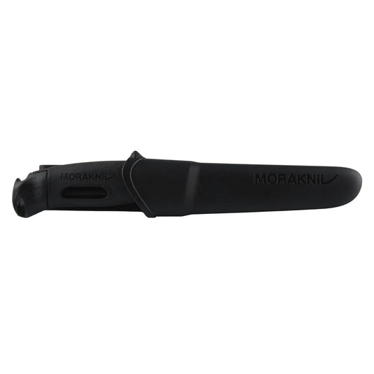 Ein schwarzes Morakniv® Companion Spark - Edelstahlmesser mit Scheide, isoliert auf weißem Hintergrund.