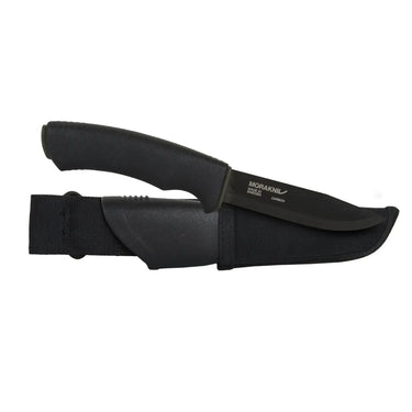 Schwarzes Morakniv® Bushcraft Expert-Messer mit feststehender Klinge, Scheide und befestigter Textilgürtelschlaufe.