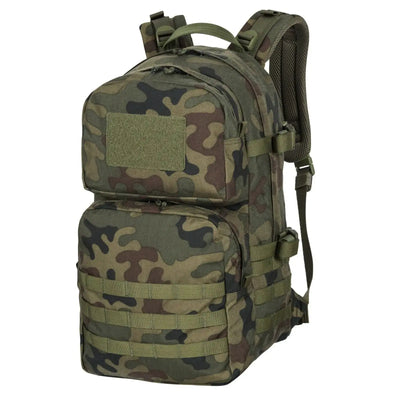 Taktischer Helikon-Tex® RATEL Mk2 Rucksack mit Tarnmuster, mehreren Fächern und Molle-Gurtband.